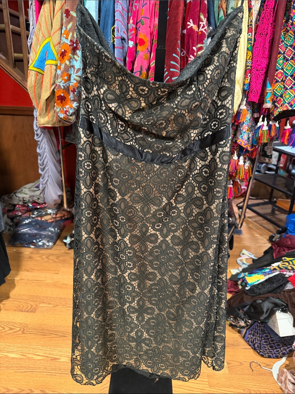 Vintage dELiAs Black Lace Strapless Overlay Mini Dress Nude Lining 90s Y2K